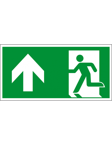 Nooduitgang bord pijl boven, aluminium, E001, groen wit, symbool nooduitgang, rechthoekig, ISO 7010