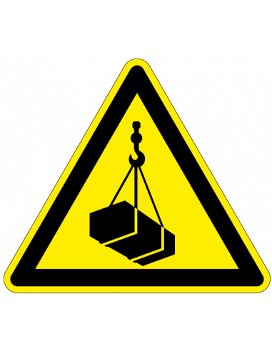 Waarschuwingssticker hangende last, W015, geel zwart, ISO 7010, hangende last symbool, driehoek