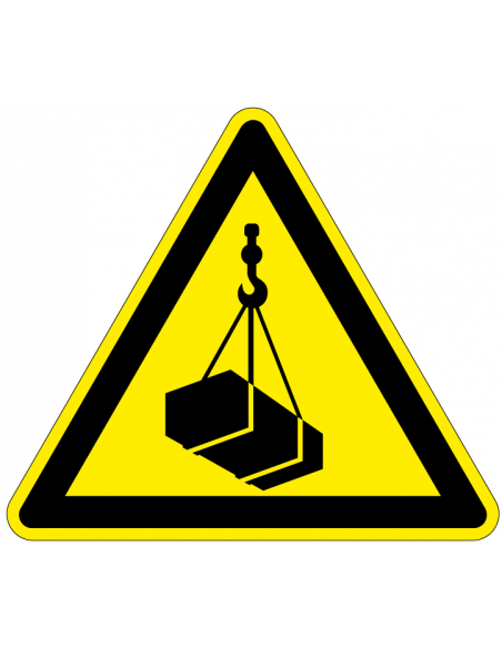 Waarschuwingssticker hangende last, W015, geel zwart, ISO 7010, hangende last symbool, driehoek