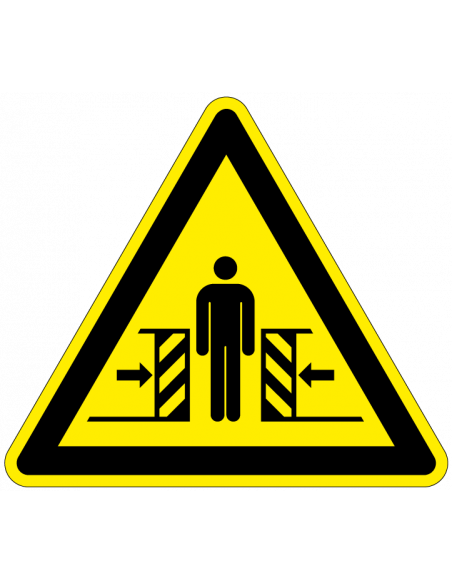 Waarschuwingsbord klemgevaar, W019, geel zwart, ISO 7010, beknelling tussen machine, driehoek