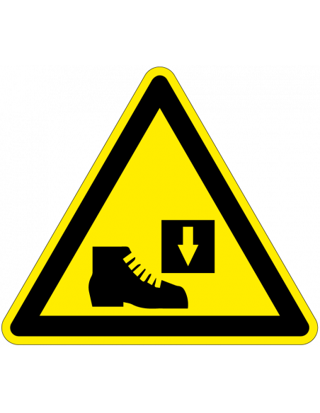 Waarschuwingssticker beklemming voor voeten, driehoek, gevaar, geel zwart, voet onder apparaat