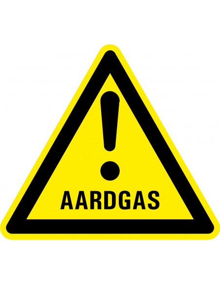 Waarschuwingsbord let op aardgas, uitroepteken, geel zwart, driehoek