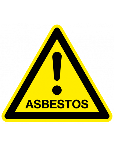 Waarschuwingsbord asbestos, geel zwart, tekst gevaar asbestos, driehoek