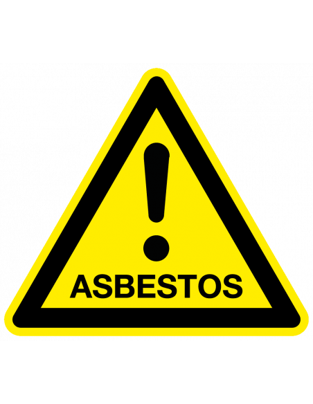 Waarschuwingsbord asbestos, geel zwart, tekst gevaar asbestos, driehoek