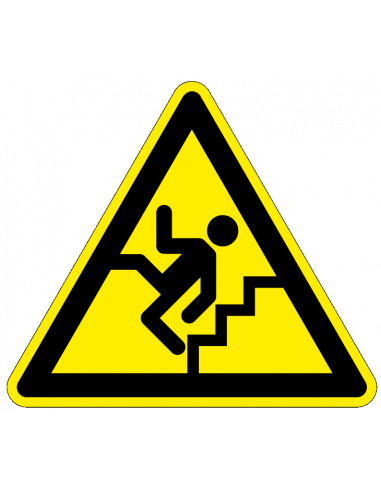 Waarschuwingsbord pas op trap, kunststof, man valt van trap, geel zwart, driehoek