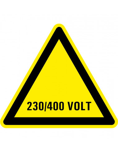 Waarschuwingssticker elektrische spanning 230/400 volt, geel zwart, driehoek