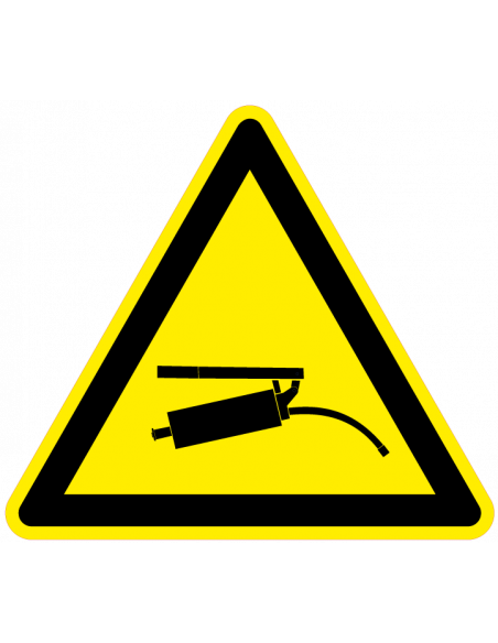 Waarschuwingsbord drukspuit, geel zwart, drukspuit symbool, driehoek