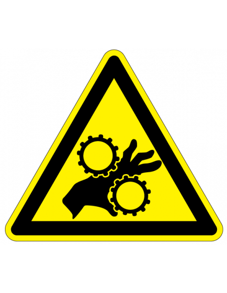 Waarschuwingsbord handbeklemming tandwielen, kunststof, hand tussen tandwiel in, geel zwart, driehoek