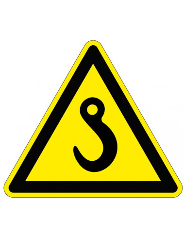 Waarschuwingssticker kraanhaak, geel zwart, kraanhaak symbool, driehoek
