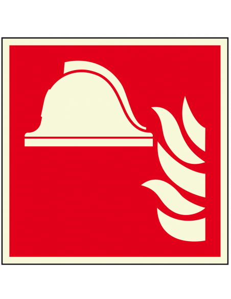 Lichtgevend materiaalopslag brandbestrijding bord, aluminium, F004, rood wit, pictogram brandweerhelm vuur, vierkant, ISO 7010