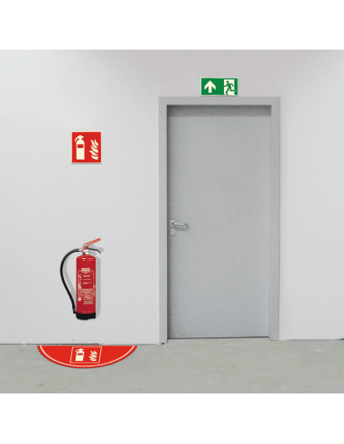 Brandblusser vloersticker, 750 x 300 mm, rood wit, pictogram brandblusser, vierkant