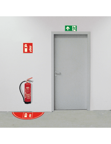 Brandblusser vloersticker, 750 x 300 mm, rood wit, pictogram brandblusser, vierkant