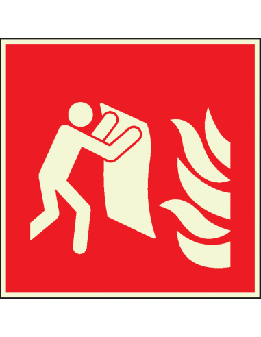 Extra lichtgevende blusdeken sticker, F016, rood wit, vierkant, symbool persoon met blusdeken