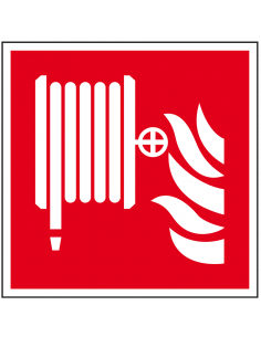 Mini brandslang sticker, 54 per vel, 15 x 15 mm, F002, rood wit, symbool brandslanghaspel, vierkant, ISO 7010