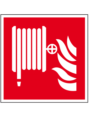 Mini brandslang sticker, 54 per vel, 15 x 15 mm, F002, rood wit, symbool brandslanghaspel, vierkant, ISO 7010