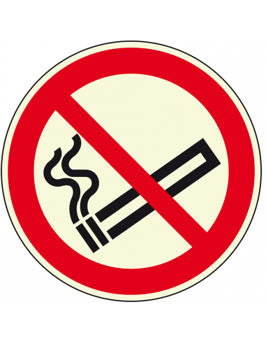 Extra lichtgevende niet roken sticker, 200 mm, P002, rood wit, sigaret pictogram, rond, ISO 7010