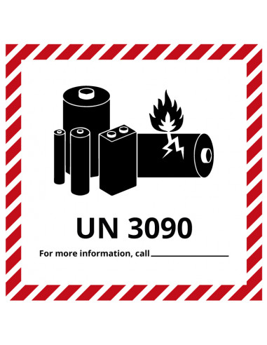 Sticker Lithium-lon UN3090 op rol, rood wit, vierkant, op rol, lithium-lon baterijen