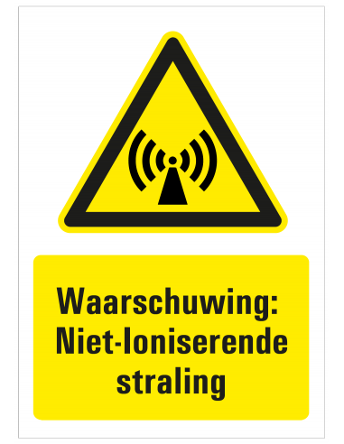 Sticker met tekst waarschuwing niet ioniserende straling, W005, ISO 7010, geel zwart, rechthoek, niet ioniserend symbool