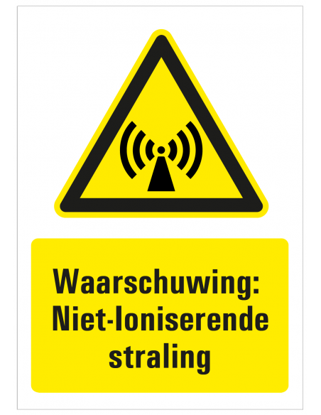 Sticker met tekst waarschuwing niet ioniserende straling, W005, ISO 7010, geel zwart, rechthoek, niet ioniserend symbool