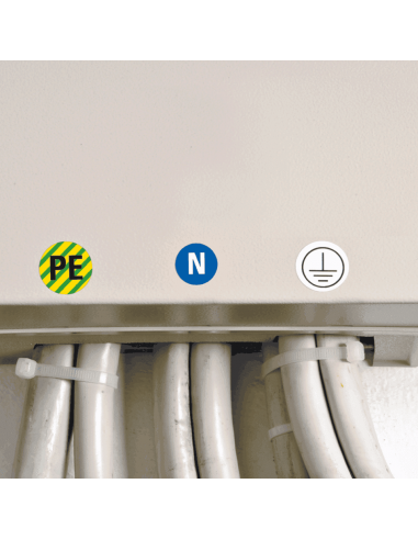 Neutrale geleider sticker, vel, blauw wit in het midden met PE sticker en beschermende aarde sticker