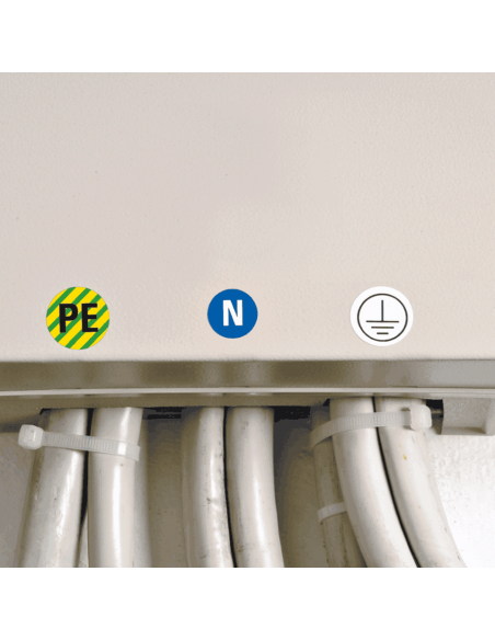 Beschermende PE geleider sticker, vel, groen geel met daarbij neutraal geleider sticker en beschermende aardig sticker