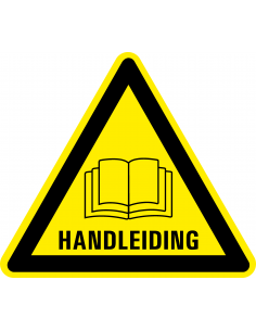 Waarschuwingsbord let op de handleiding, geel zwart, handleiding met tekst, driehoek