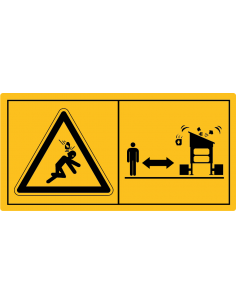 Combinatie-etiket let op voor vallende onderdelen, houdt afstand tot afvalscheider, geel zwart