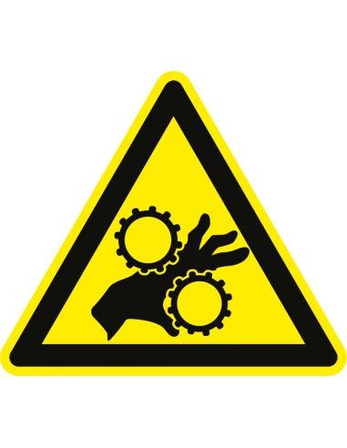 Handbeklemming tandwielen sticker op rol, 25 meter, driehoek, geel zwart