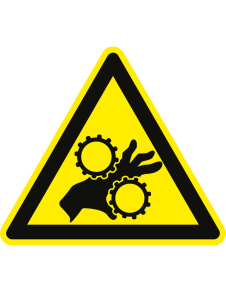Handbeklemming tandwielen sticker op rol, 25 meter, driehoek, geel zwart