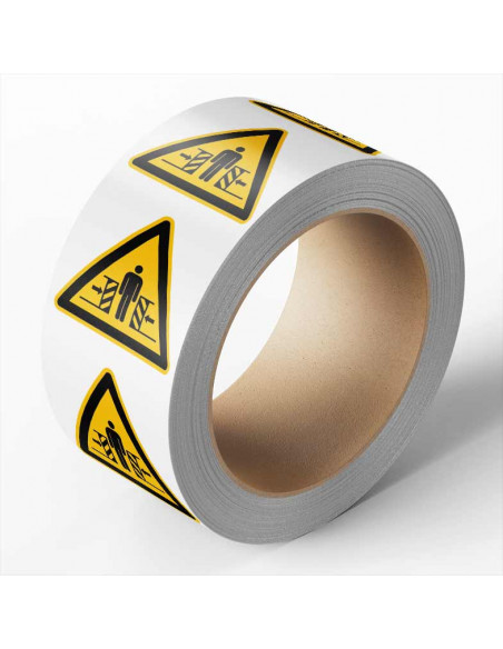 Klemgevaar sticker op rol, 25 meter, W019, driehoek, geel zwart, ISO 7010, persoon klem