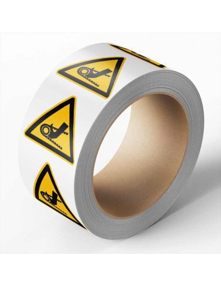 Hand tussen ketting sticker op rol, 25 meter, geel zwart, driehoek, ISO 7010, hand tussen ketting