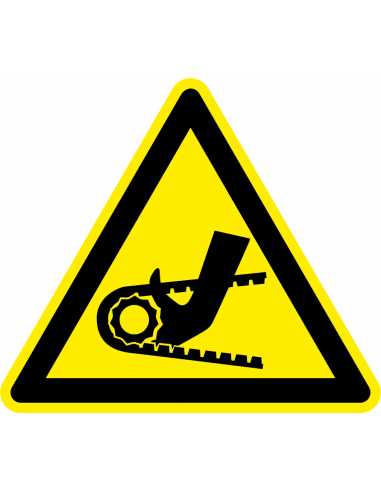 Hand tussen ketting sticker op rol, 25 meter, geel zwart, driehoek, ISO 7010, hand tussen ketting