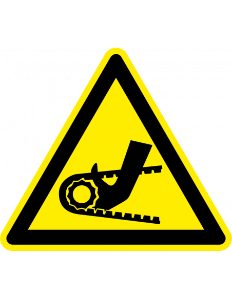 Hand tussen ketting sticker op rol, 25 meter, geel zwart, driehoek, ISO 7010, hand tussen ketting