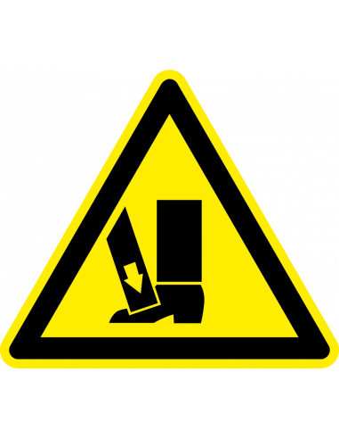 Gevaar voetbeklemming sticker op rol, 25 meter, driehoek, geel zwart