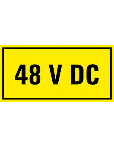 48 v dc sticker, geel zwart, rechthoekig