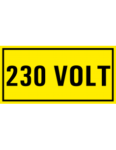 230 volt sticker, geel zwart, rechthoekig