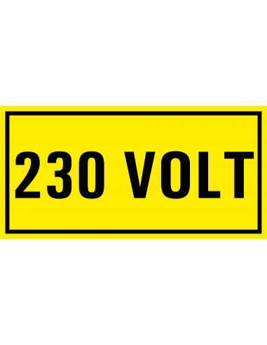230 volt sticker, geel zwart, rechthoekig
