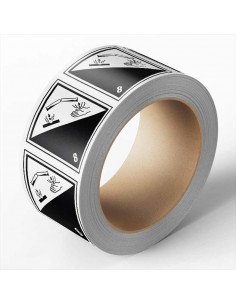 ADR sticker klasse 8 bijtende stoffen, zeewaterbestendig op rol, zwart wit, vierkant