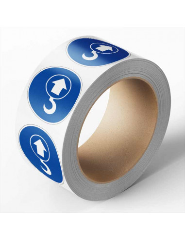 Lasthaak verplicht sticker op rol, 25 meter, rond, blauw wit, lasthaak symbool