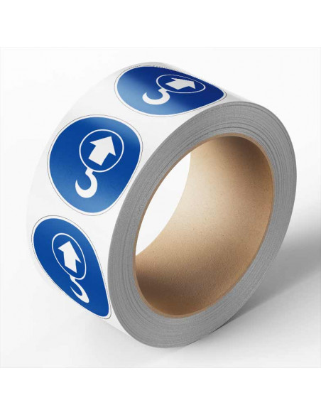 Lasthaak verplicht sticker op rol, 25 meter, rond, blauw wit, lasthaak symbool