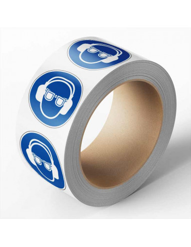 Oog en gehoorbescherming verplicht sticker, 25 meter op rol