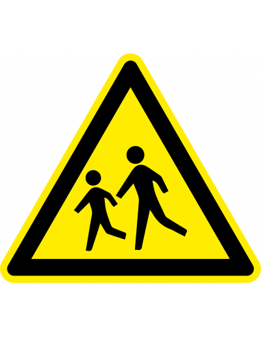 Waarschuwingssticker spelende kinderen, geel zwart, kinderen aan het spelen, driehoek