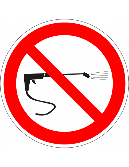 Hogedrukreiniging verboden sticker, rood wit, pictogram hogedrukreiniger, rond