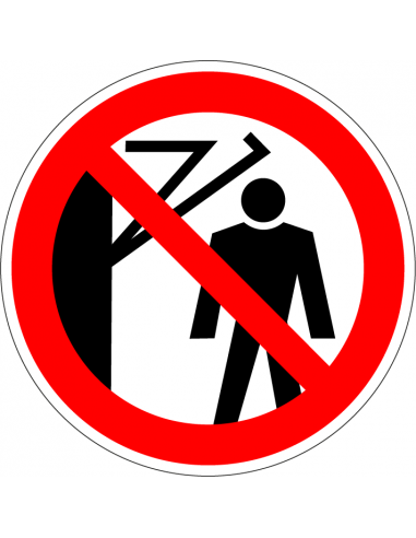 Niet achter draaiarm lopen sticker op rol, 25 meter, rood wit, pictogram niet achter draaiarm lopen, rond