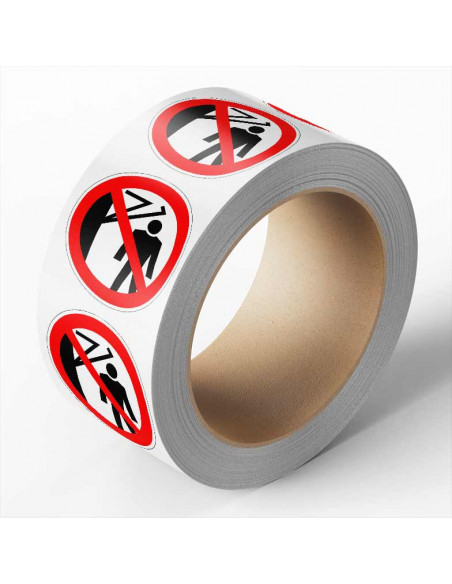 Niet achter draaiarm lopen sticker op rol, 25 meter, rood wit, pictogram niet achter draaiarm lopen, rond