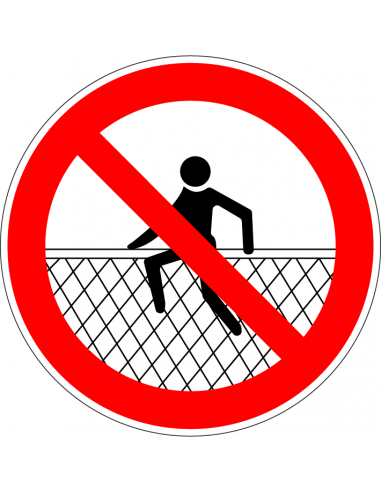 Verboden op hek te zitten bord, kunststof, rood wit, pictogram verboden op hek te zitten, rond
