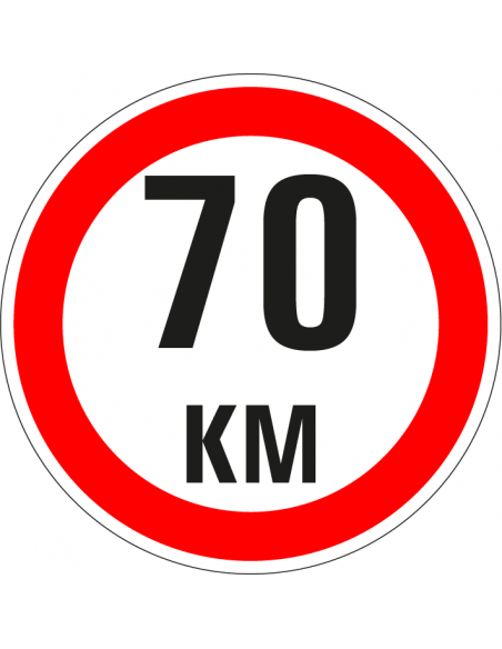 Maximaal 70 km bord, kunststof, rond, rood wit, 70 km per uur symbool