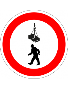 Verboden onder last te gaan staan bord, kunststof, rond, rood wit, persoon onder hangende last symbool