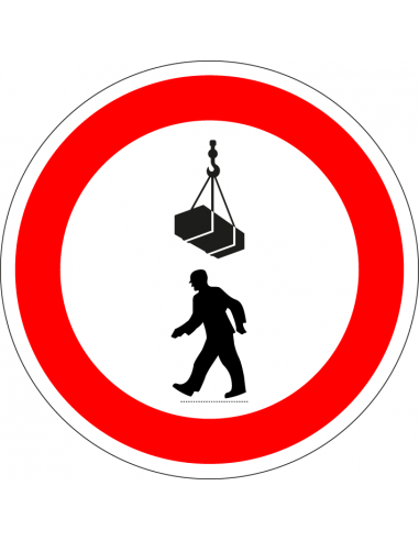 Verboden onder last te gaan staan bord, kunststof, rond, rood wit, persoon onder hangende last symbool