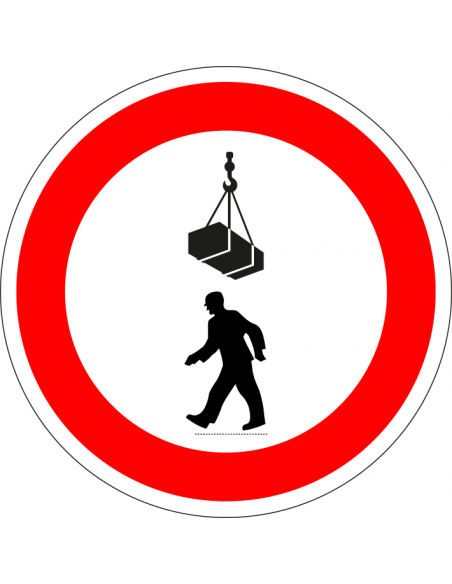 Verboden onder last te gaan staan sticker, rond, rood wit, persoon onder hangende last symbool